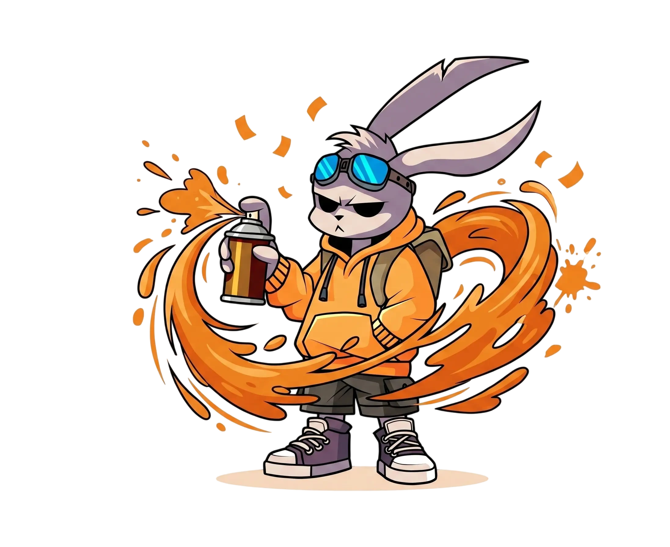 Chiku, the Oolo creative mascot, spraying a vivid orange creative burst