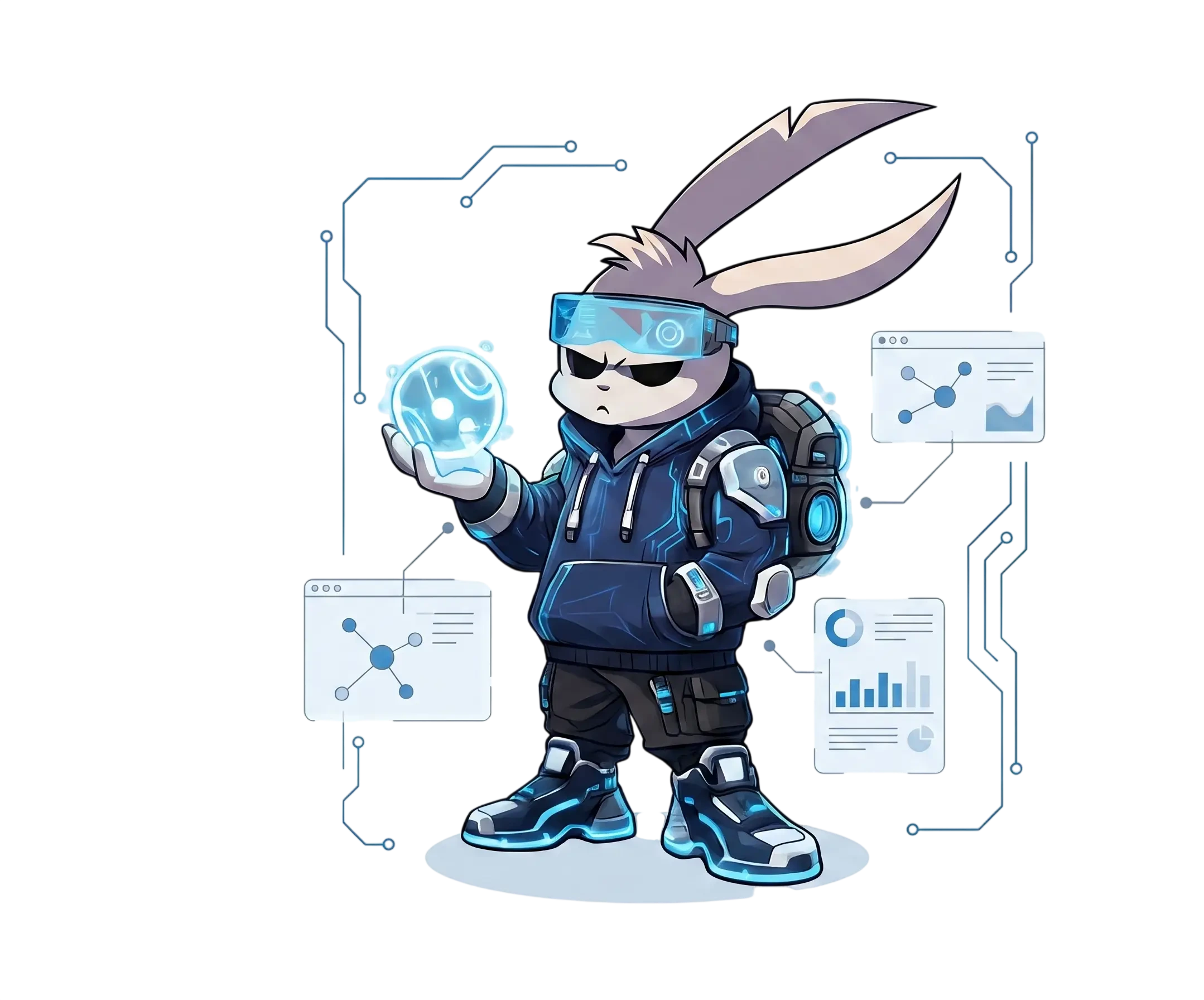 Byte, the En'nobler engineering mascot, holding a glowing intelligence orb amid software architecture panels