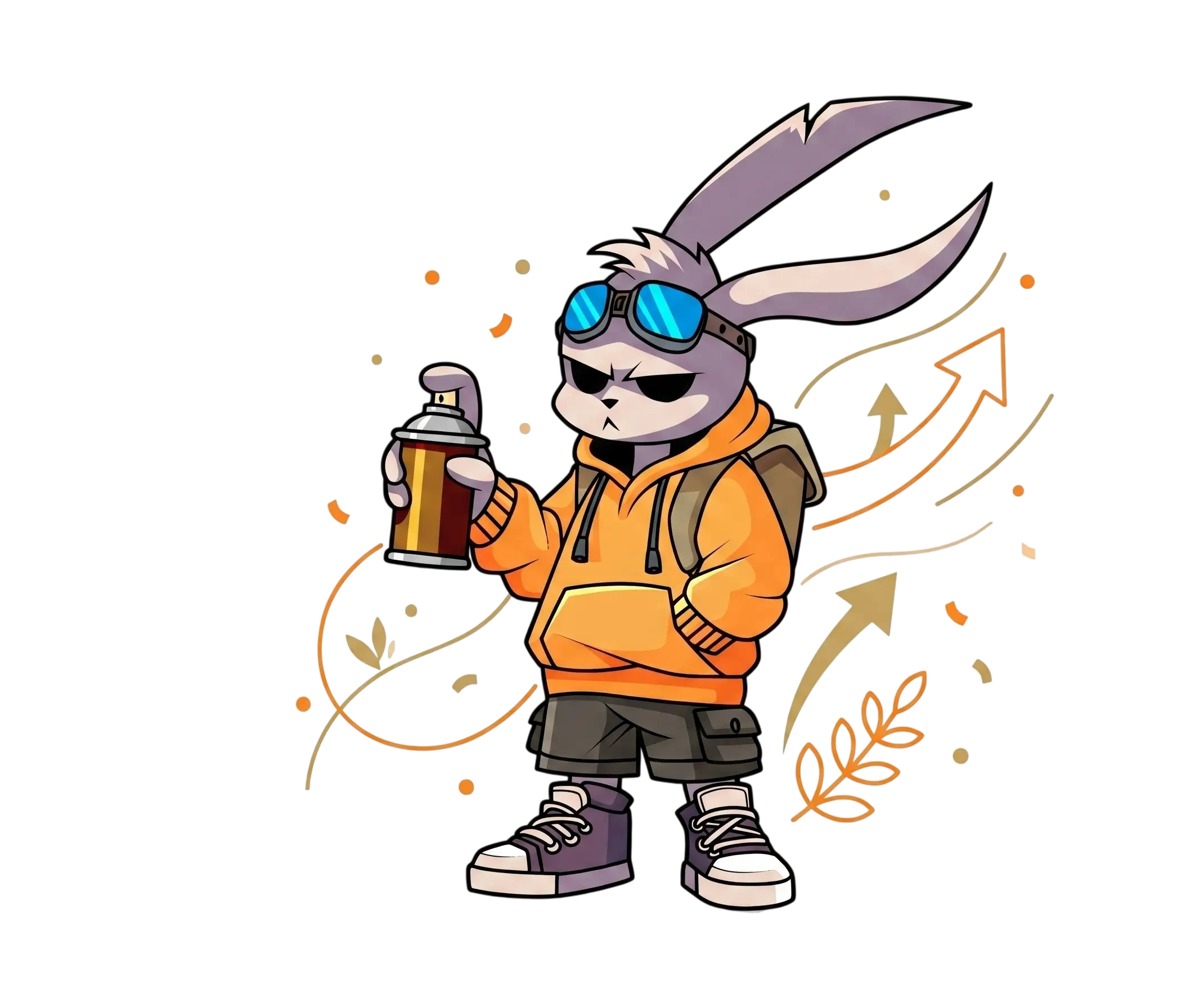 Chiku, the Oolo creative-growth mascot, holding a spray can amid upward growth arrows
