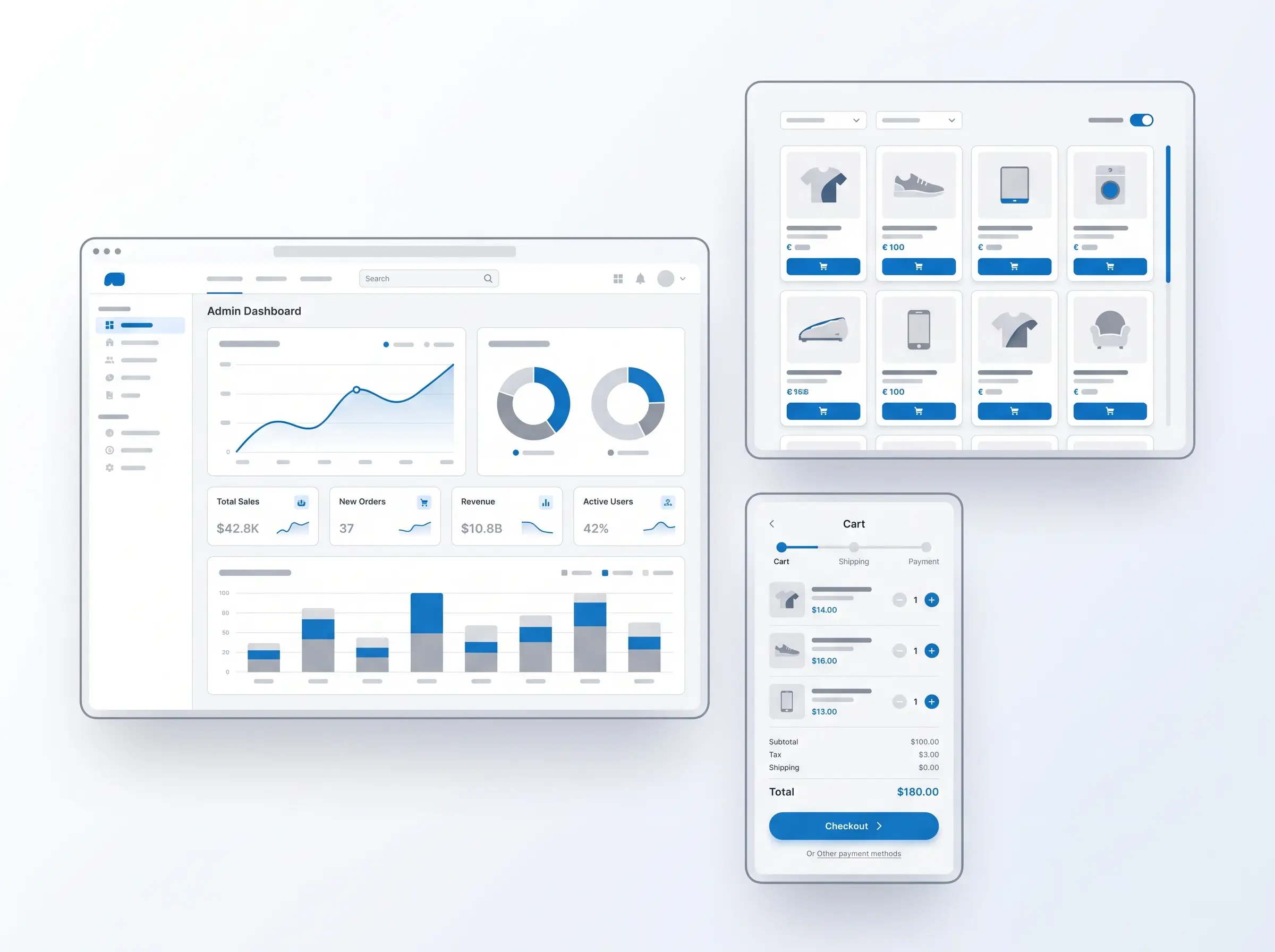 E-commerce platform preview — admin dashboard, product catalogue, and checkout flow