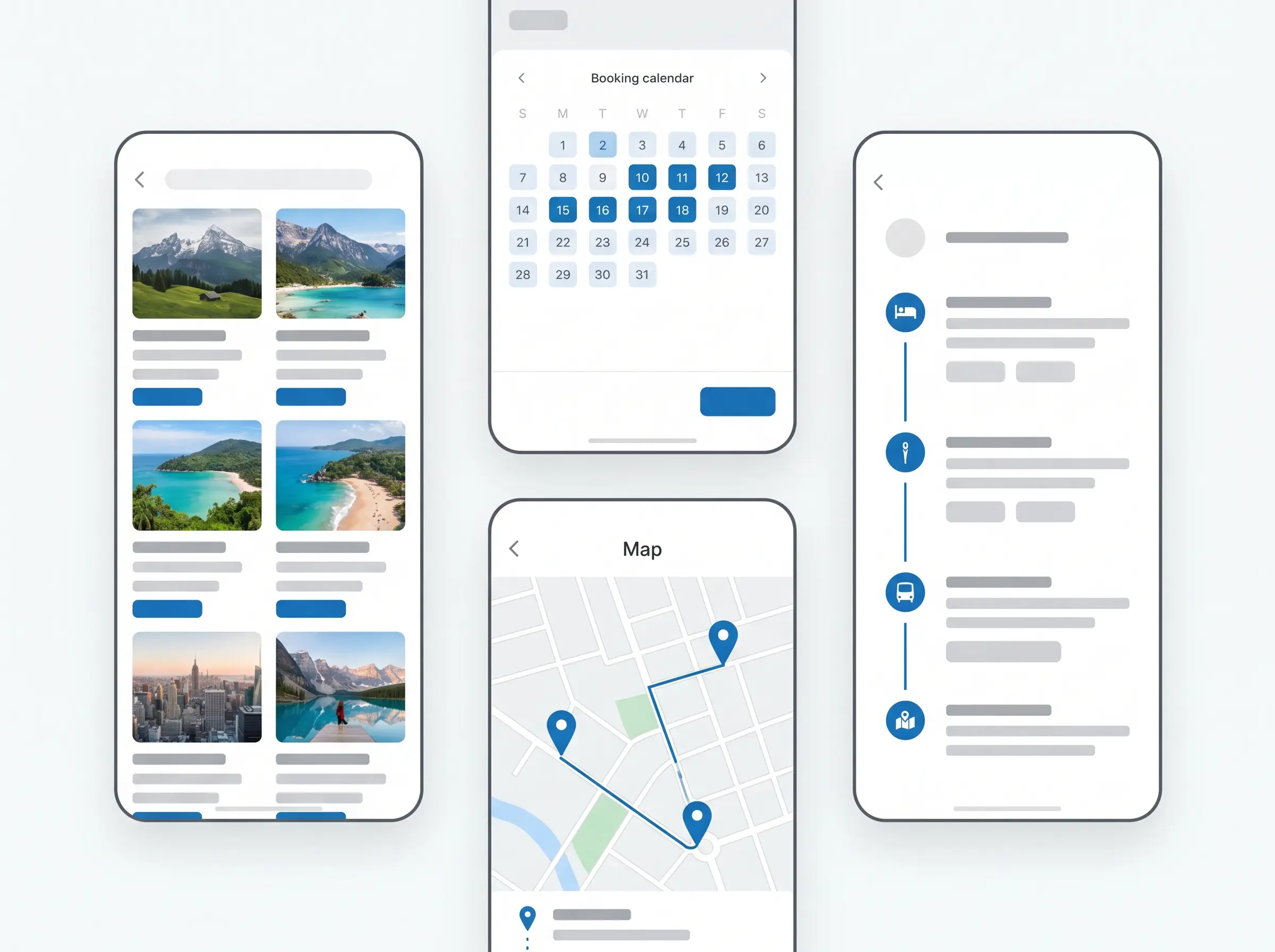 Tourism platform preview — destination listings, booking calendar, map, and itinerary